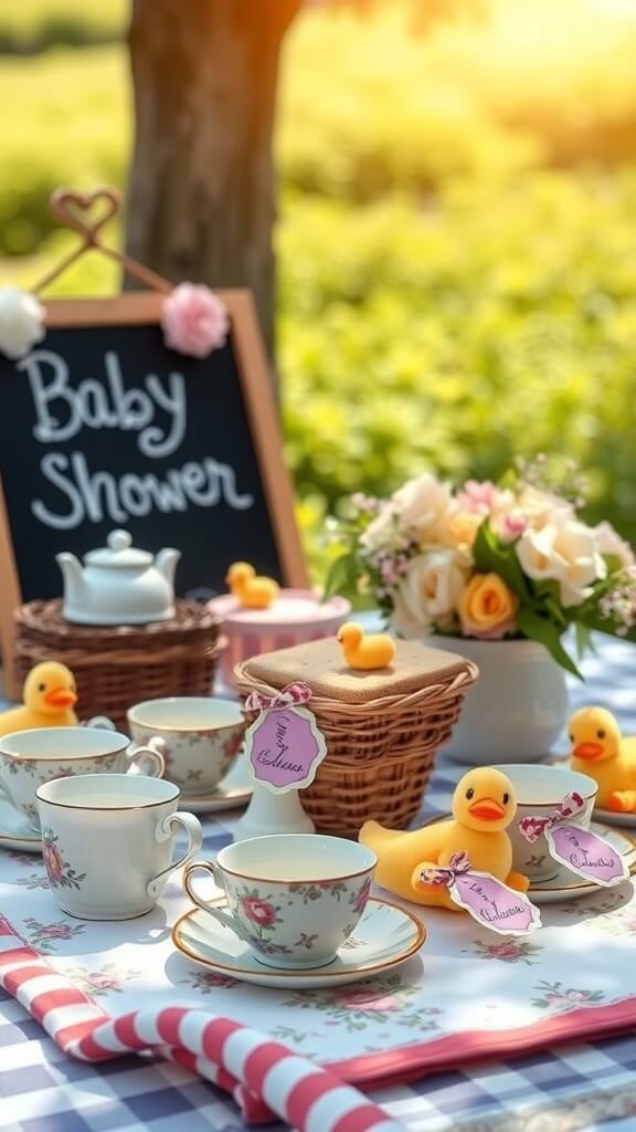 A beautifully arranged tea party setup for a baby shower in a park, featuring teacups, rubber duckies, and floral decorations.