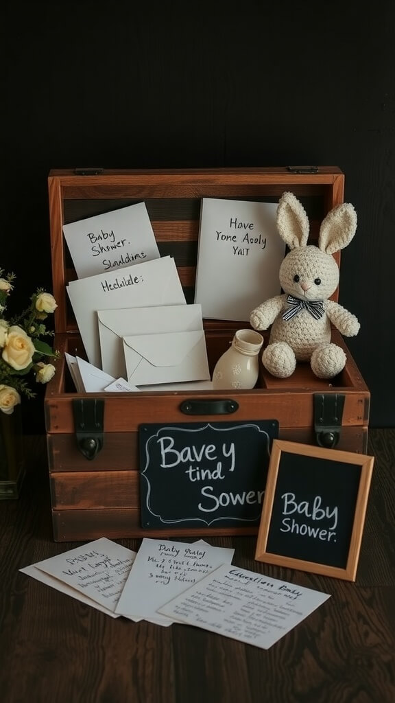 A wooden box filled with baby shower invitations, notes, and a stuffed bunny, symbolizing a time capsule theme.