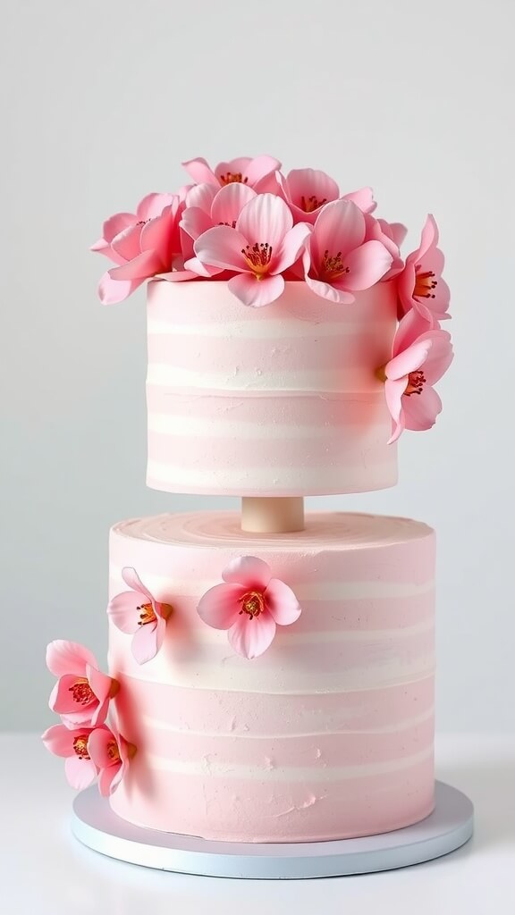 A two-tier pink floral cake decorated with delicate pink flowers.
