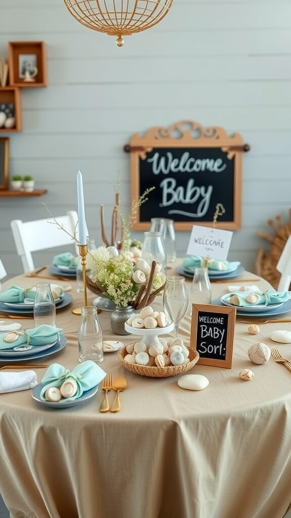 A beautifully set table for a baby shower featuring coastal decor elements.