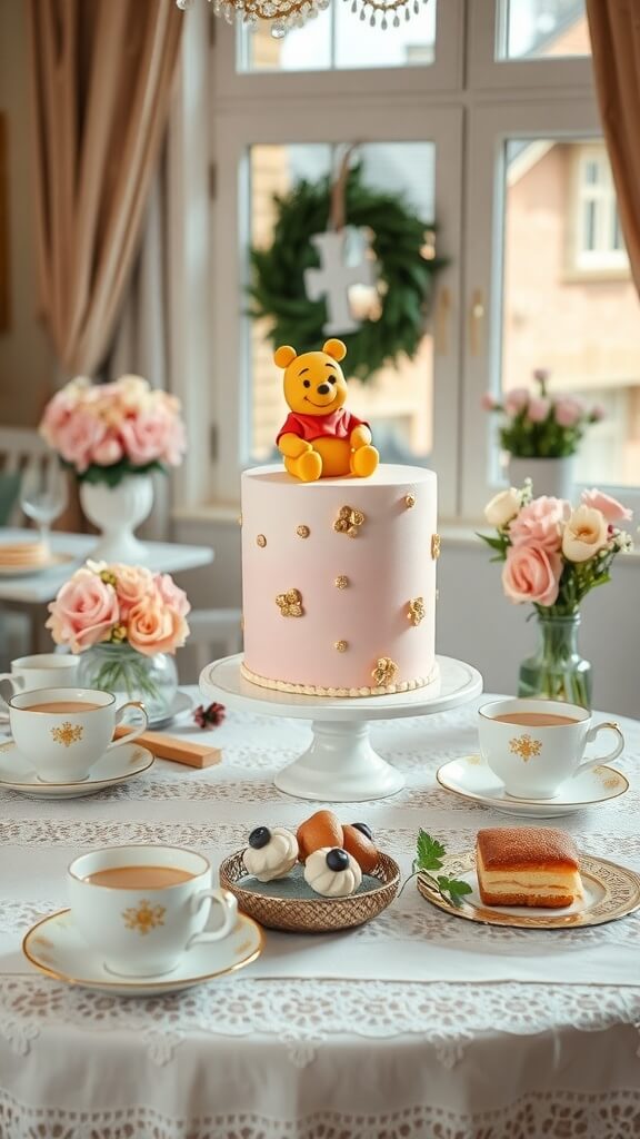 A beautifully decorated cake featuring a Winnie the Pooh figurine, surrounded by tea cups and floral arrangements.