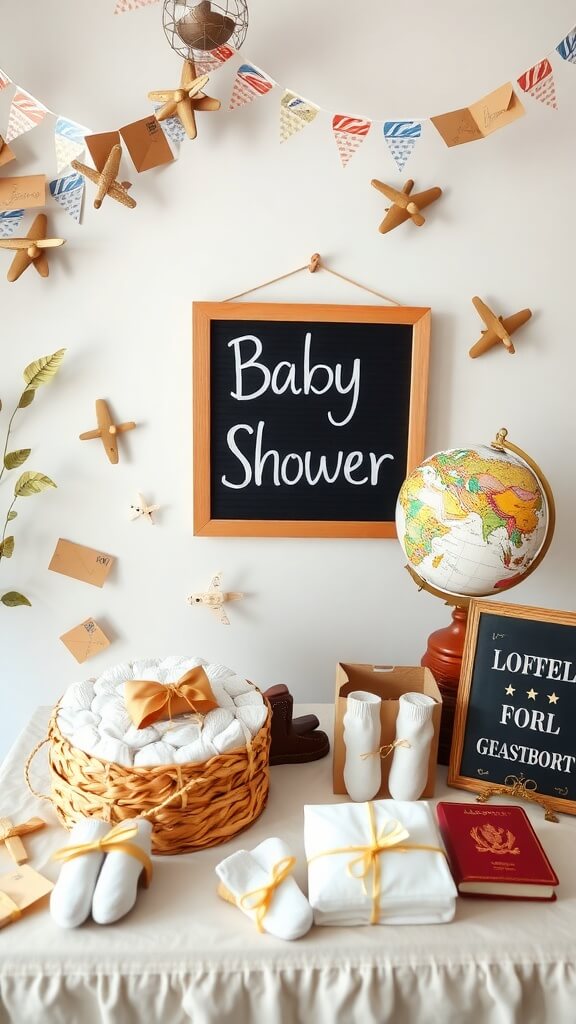 Decorations for a vintage air mail baby shower theme, featuring a globe, baby clothes, and air mail envelopes.