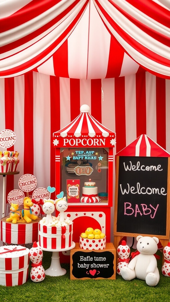 A vintage circus-themed baby shower setup with colorful decorations, popcorn stand, and plush toys.