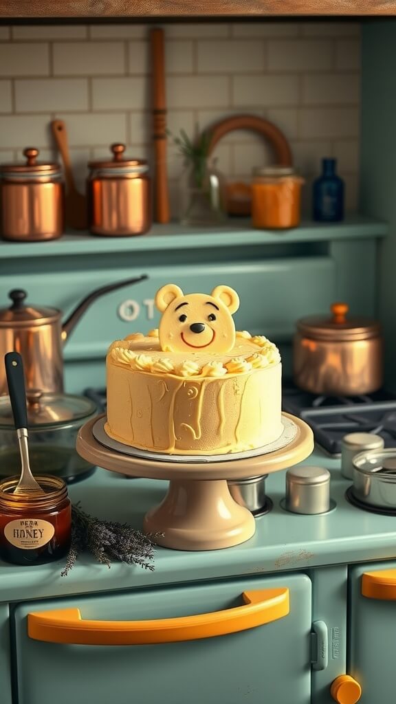A beautifully frosted cake on a vintage stove, surrounded by jars of honey and kitchen utensils.