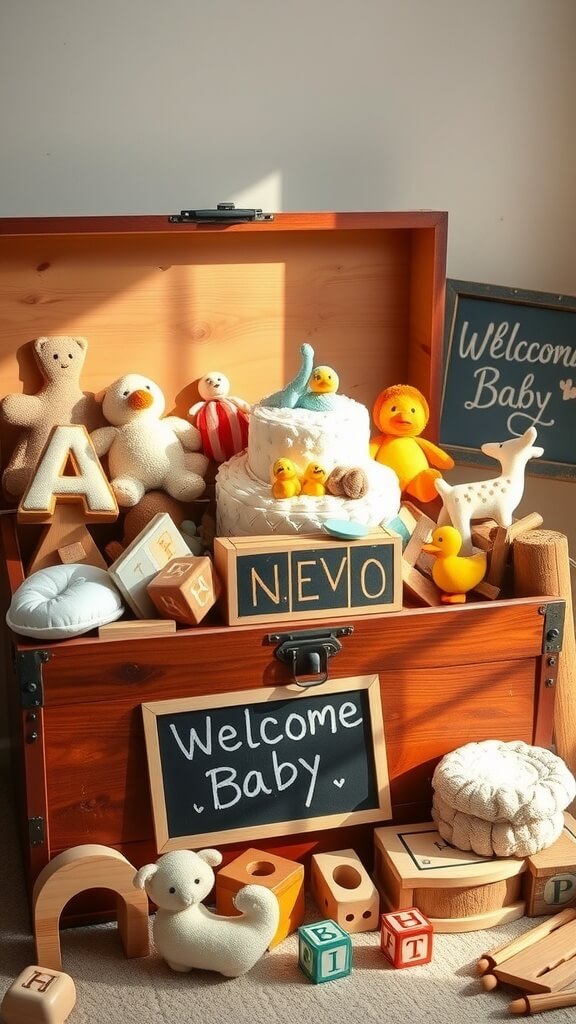 A vintage toy chest filled with soft toys, blocks, and a welcome sign for a baby shower.