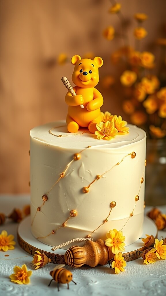 Vintage Winnie The Pooh Baby Shower Cake with yellow flowers and honey pots