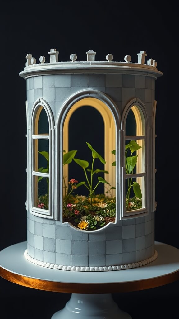 A decorative cake designed as a greenhouse with plants and flowers inside.