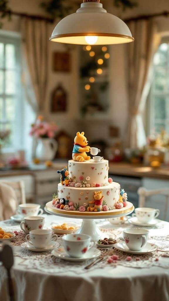 A beautifully decorated Winnie The Pooh themed cake on a table with floral accents and tea cups.