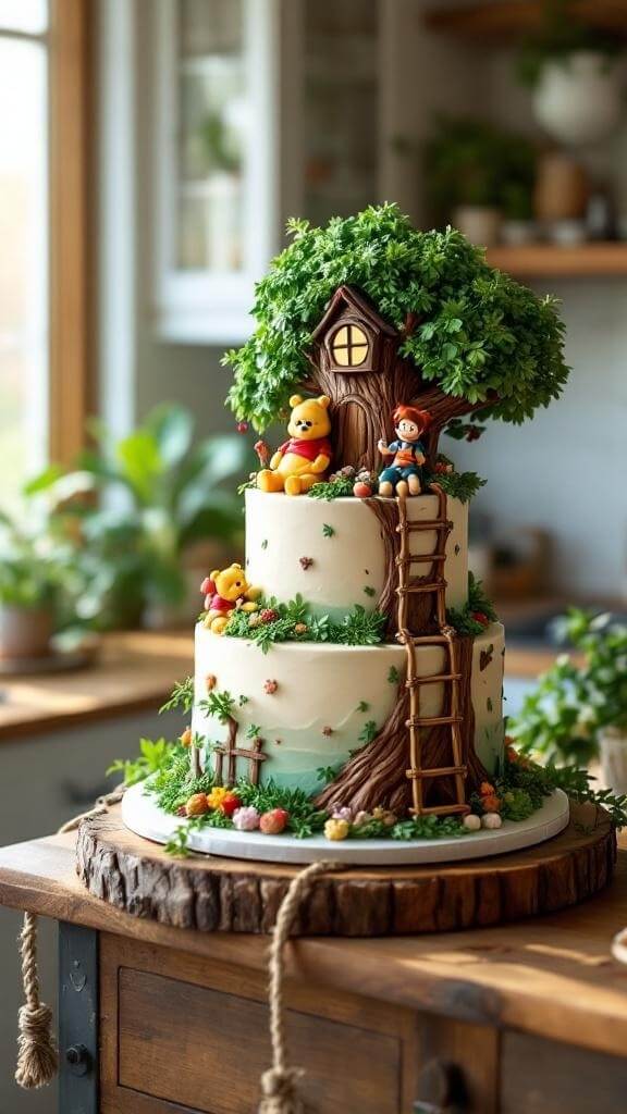 Winnie The Pooh Baby Shower Cake featuring Christopher Robin and a treehouse
