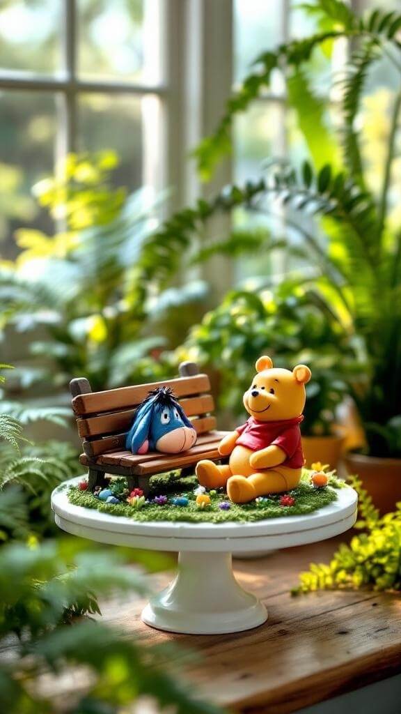 A whimsical cake featuring Winnie the Pooh and Eeyore sitting on a garden bench surrounded by flowers.