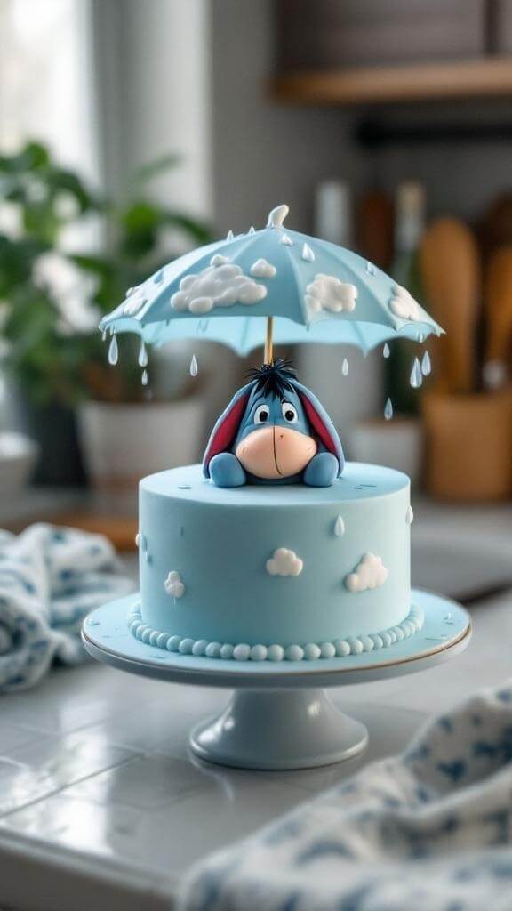 A blue cake featuring Eeyore with an umbrella and clouds, ideal for a Winnie The Pooh baby shower.