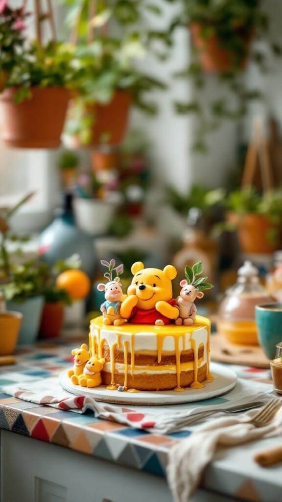 Winnie the Pooh cake with Piglet figurines and honey drips