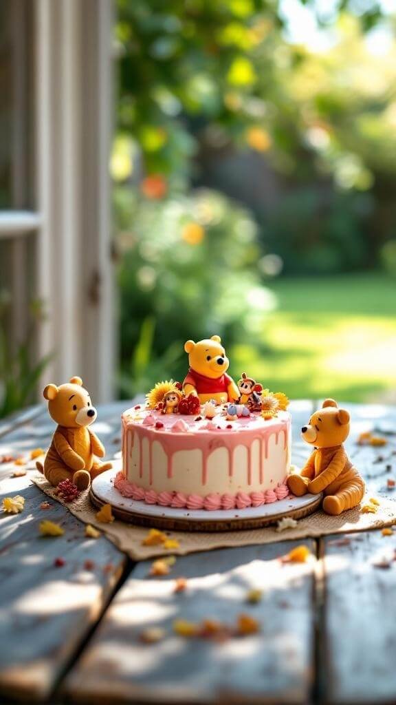 Winnie The Pooh themed baby shower cake with Pooh and Kanga figurines
