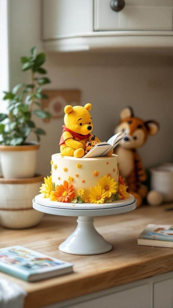 Winnie The Pooh themed baby shower cake with flowers and plush toys