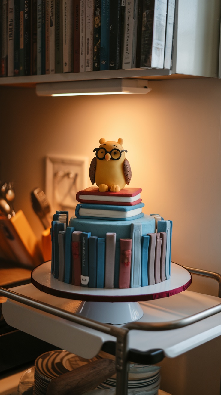 Winnie The Pooh cake on a stack of books with a cozy library background.