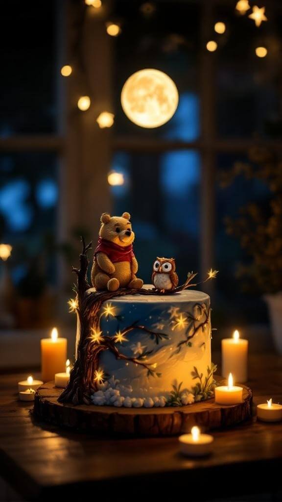A beautifully decorated Winnie The Pooh cake featuring Pooh and Owl, surrounded by candles and a cozy atmosphere.
