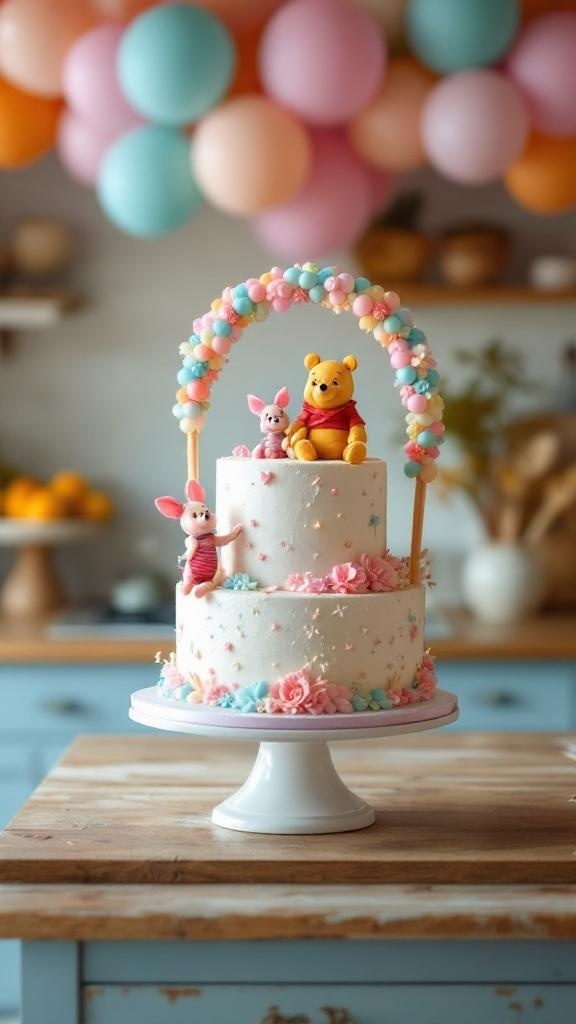 Winnie The Pooh and Piglet themed baby shower cake with pastel balloon garland