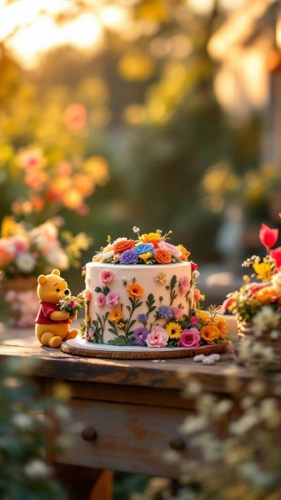 Winnie The Pooh themed cake with flowers and a Pooh figurine