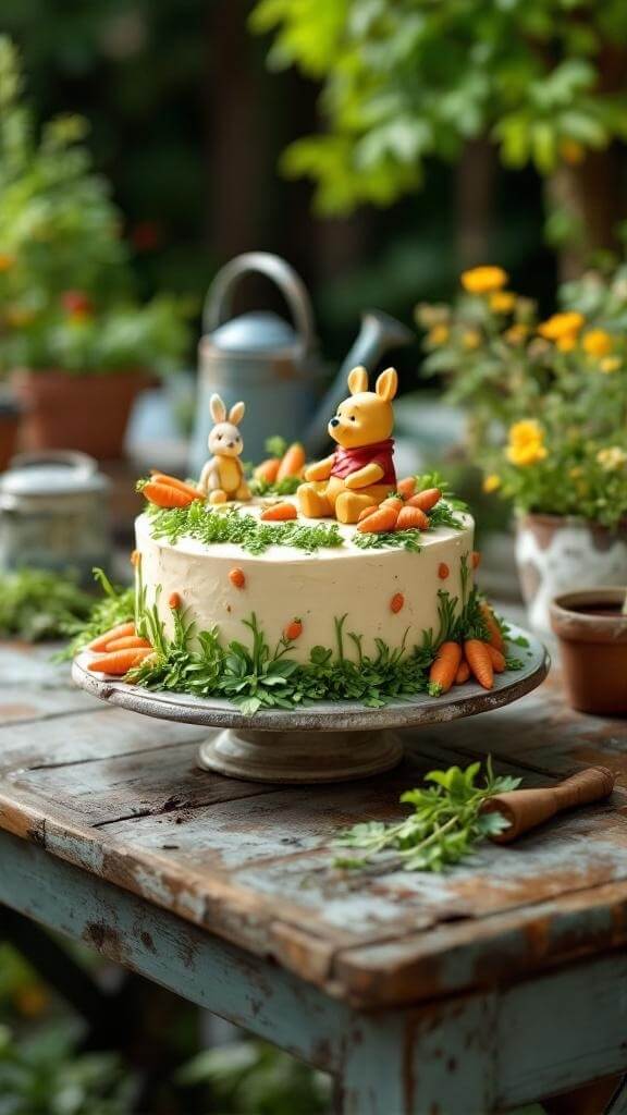 Winnie The Pooh themed cake with Rabbit and carrots on a garden table