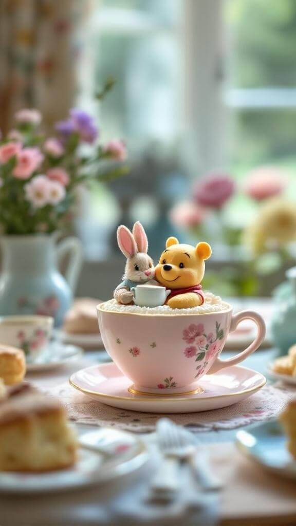A whimsical tea party setup featuring a cute bunny figurine in a teacup, surrounded by flowers and pastries.