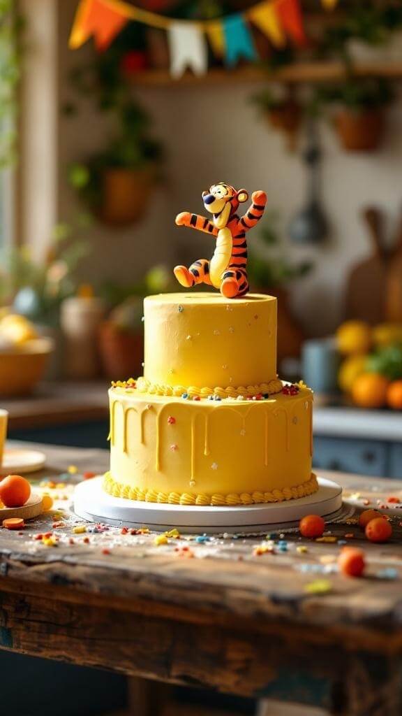 A vibrant yellow cake topped with a Tigger figurine, set on a wooden cake stand, surrounded by colorful decorations.