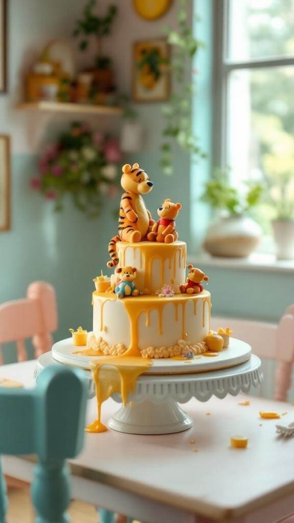 A whimsical two-tier Winnie The Pooh cake featuring Pooh and Tigger figurines with honey drips and colorful decorations.