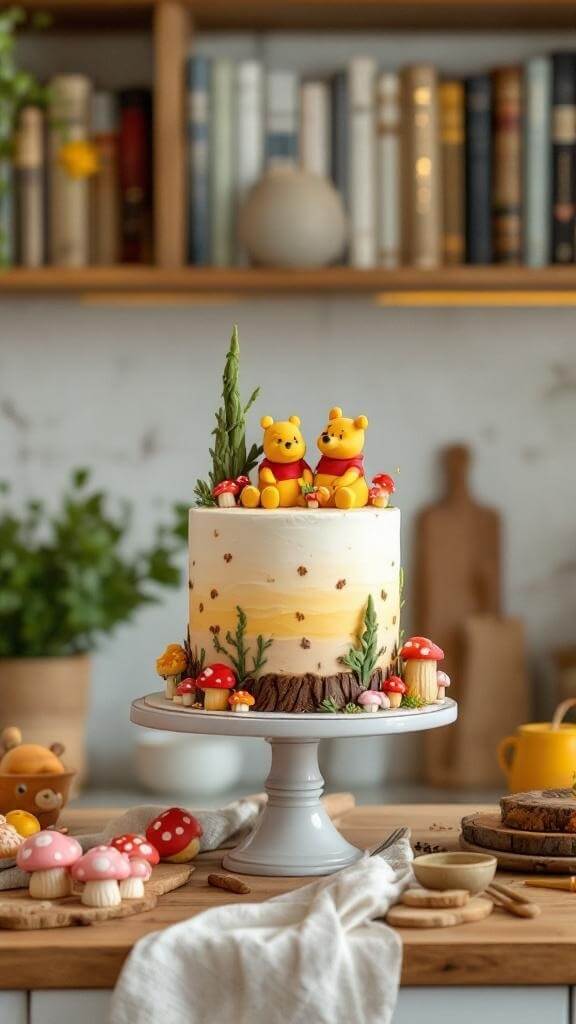Winnie The Pooh themed cake with two Pooh figures and forest decorations