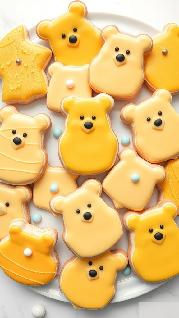 Plate of decorated Winnie the Pooh cookies in various shapes and colors.