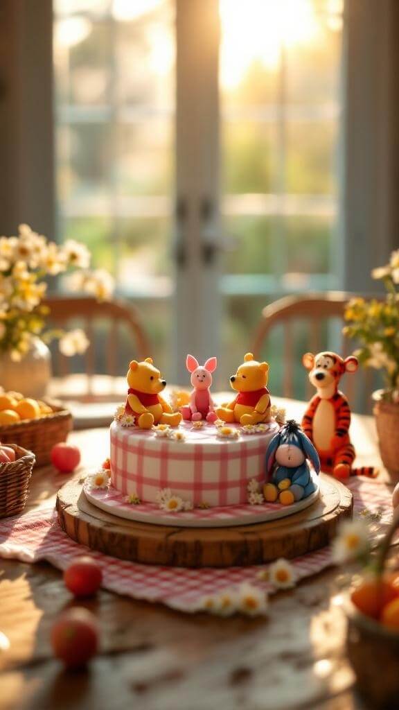Winnie The Pooh themed cake with Pooh, Piglet, and Eeyore figurines on a picnic-themed table