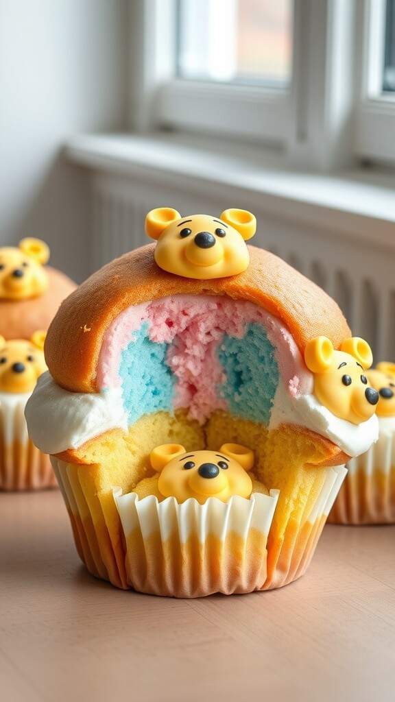 A colorful Winnie The Pooh themed cupcake with a surprise filling, showcasing a playful design.