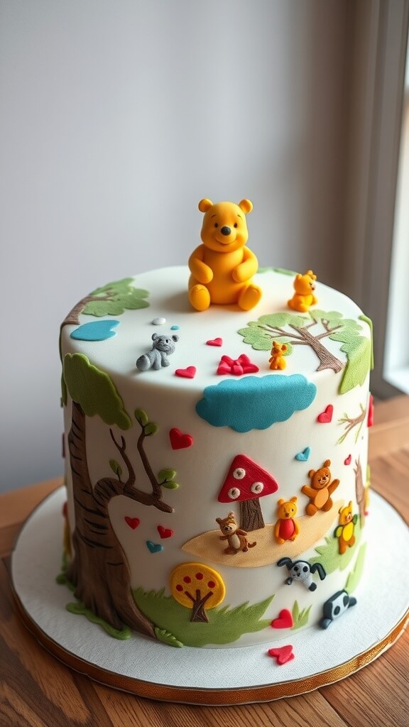 A colorful Two Tier Winnie The Pooh Cake featuring Pooh Bear and friends in a whimsical setting.