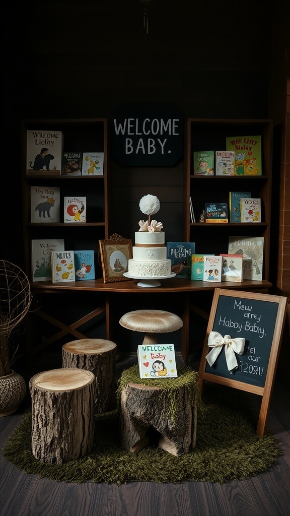 A cozy woodland-themed baby shower setup with bookshelves, wooden stools, and a welcome sign.
