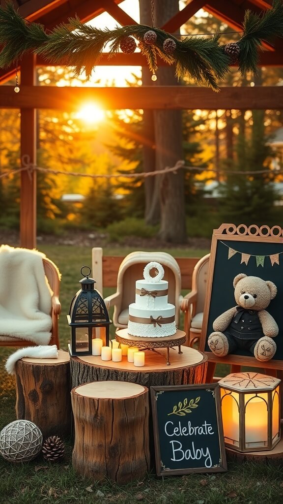 A cozy woodland-themed baby shower setup featuring a cake, lanterns, and rustic decor.