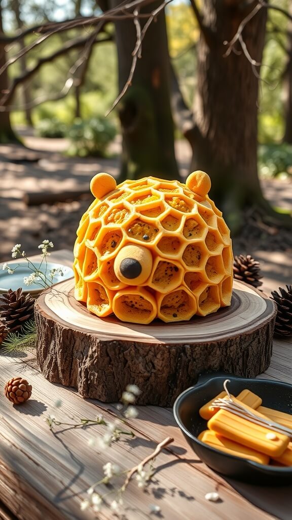 A honeycomb-patterned cake resembling Winnie the Pooh, displayed on a wooden log slice in a woodland setting.