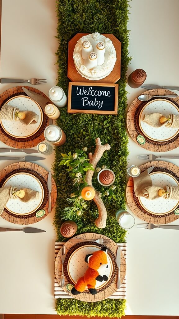 A beautifully styled woodland-themed baby shower table with moss, candles, and a welcome sign.